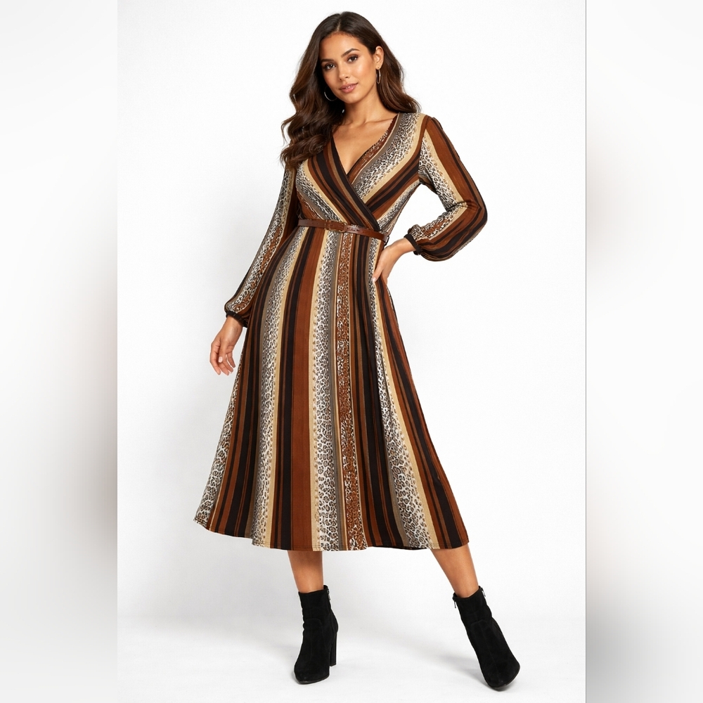 Boohoo Wrap Style‎ Midi Dress Size 12 Brown Leopard Stripe